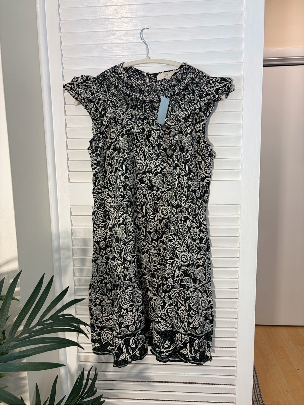 LOFT Black Dress with White Floral Print and Smocked Neck